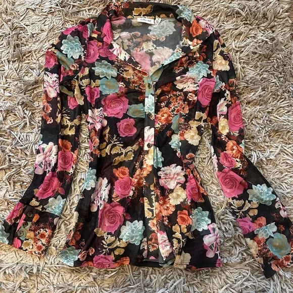 Vibrant Button Down Semi Sheer Floral Blouse - Black, Pink, Blue Sz S - Picture 2 of 6